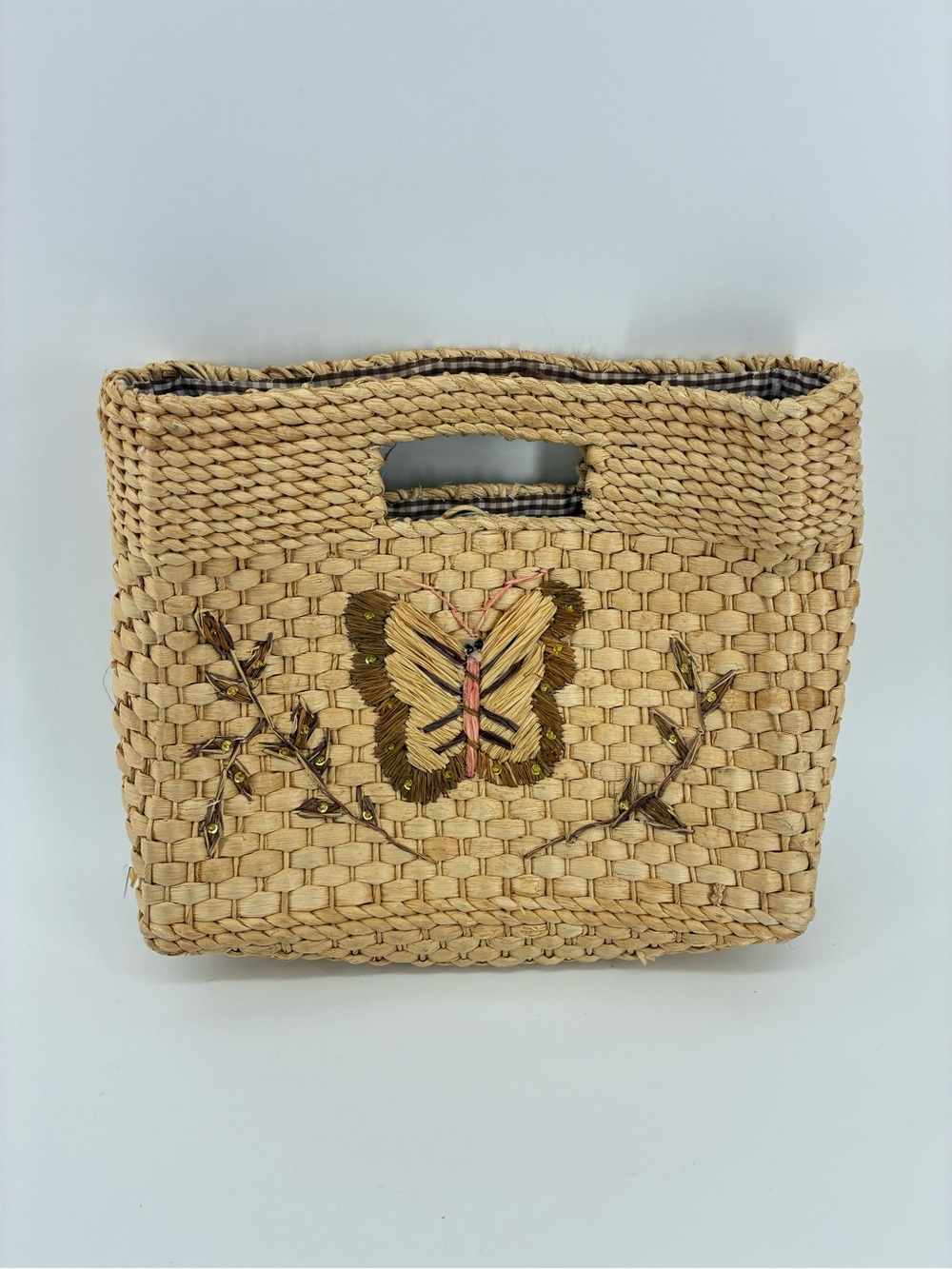 Vintage Woven Straw Butterfly Tote Bag - Natural
